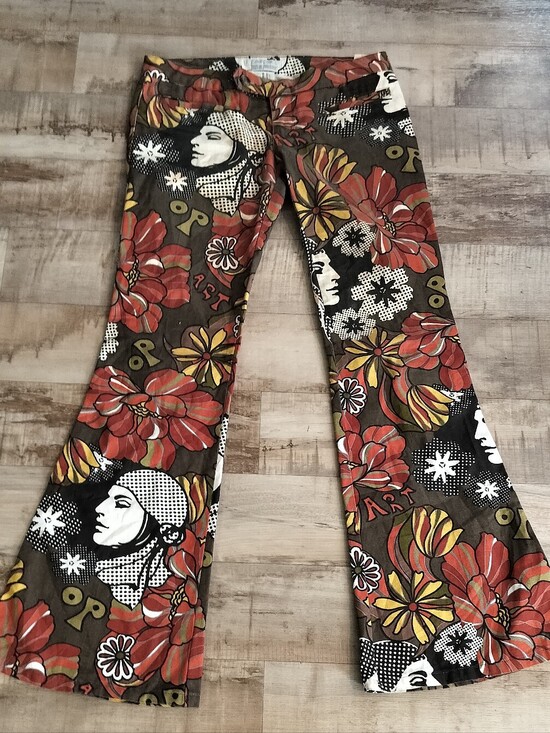 Zara Pants - Zara Floral Graphic Flared Pants - Red, Brown & White